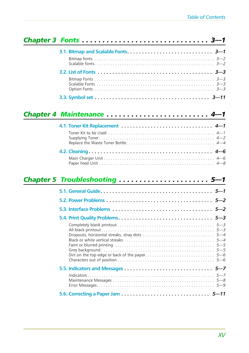 Chapter 3 fonts —1, Chapter 4 maintenance —1, Chapter 5 troubleshooting —1 | Kyocera FS-3700 User Manual | Page 16 / 116