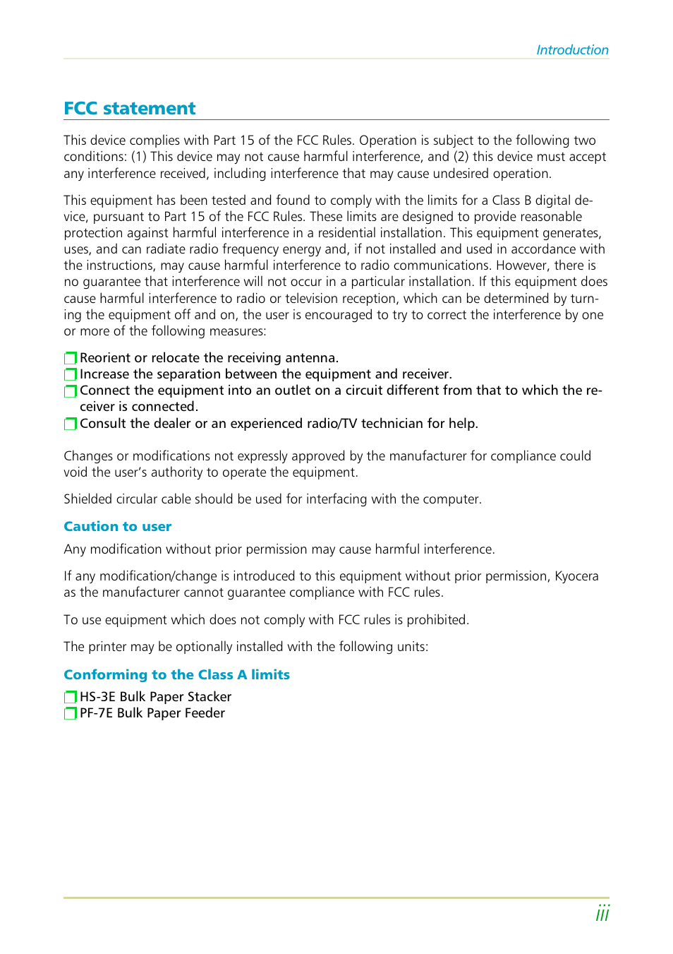 Fcc statement | Kyocera FS-3700 User Manual | Page 25 / 116