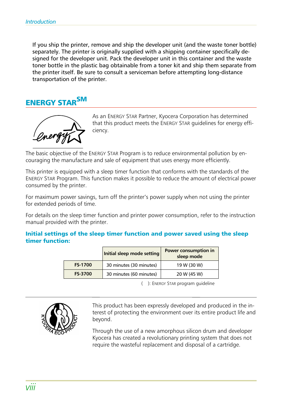 Energy star, Viii | Kyocera FS-3700 User Manual | Page 30 / 116