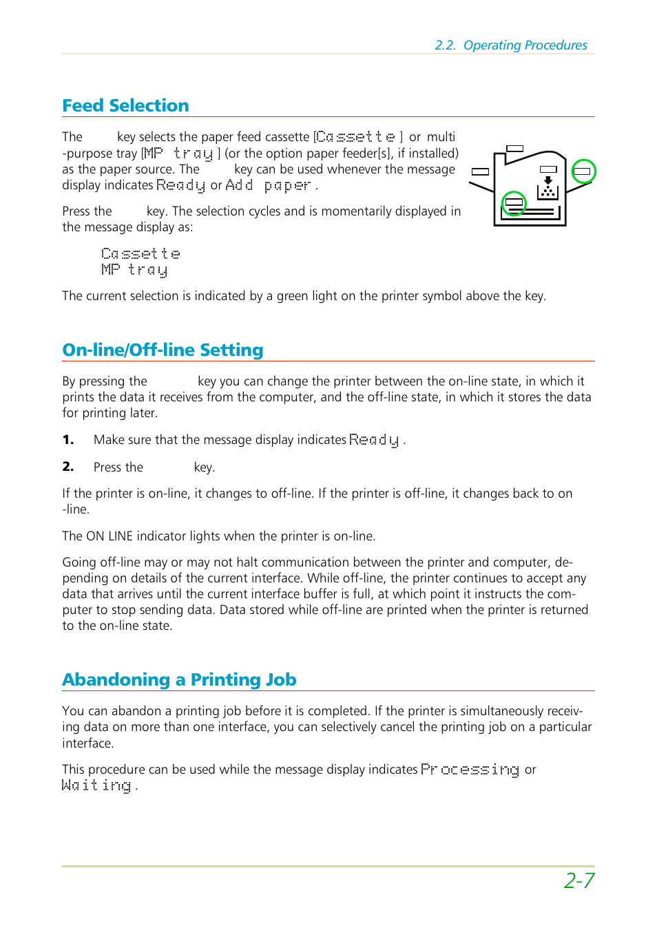 Feed selection, On-line/off-line setting, Abandoning a printing job | Kyocera FS-3700 User Manual | Page 39 / 116