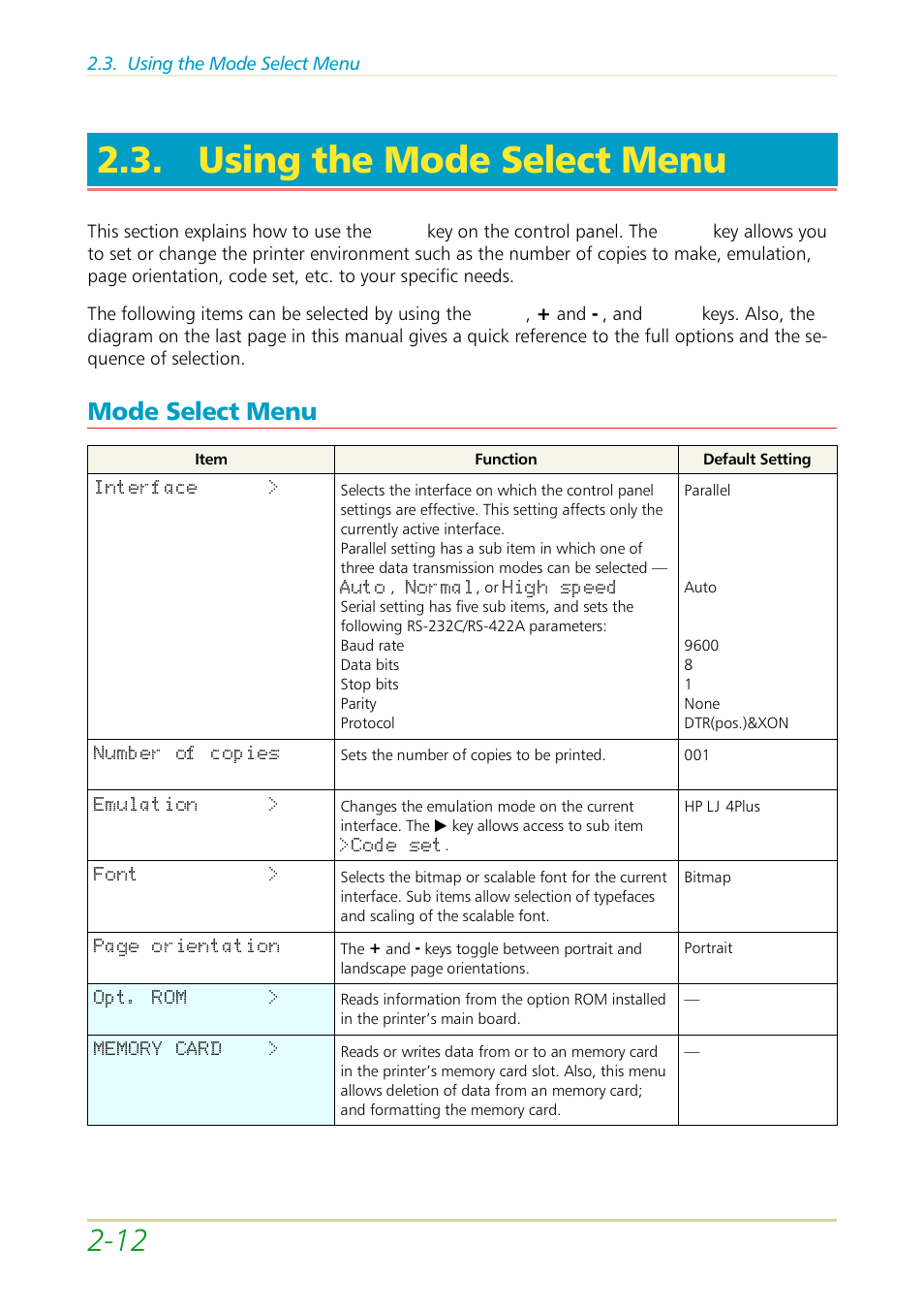 Using the mode select menu, Mode select menu | Kyocera FS-3700 User Manual | Page 44 / 116