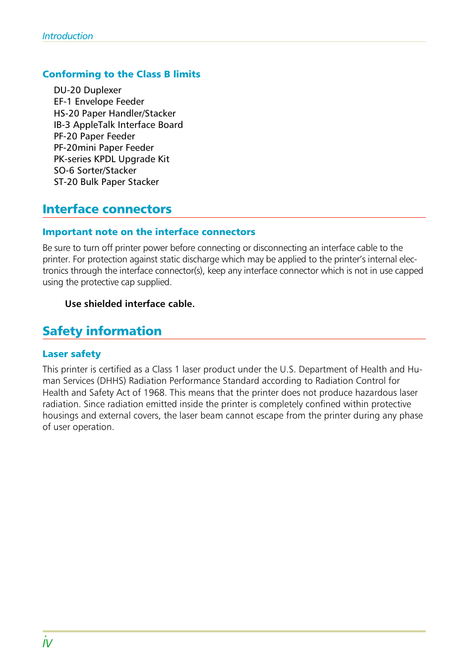 Interface connectors, Safety information | Kyocera FS-3700 User Manual | Page 5 / 116