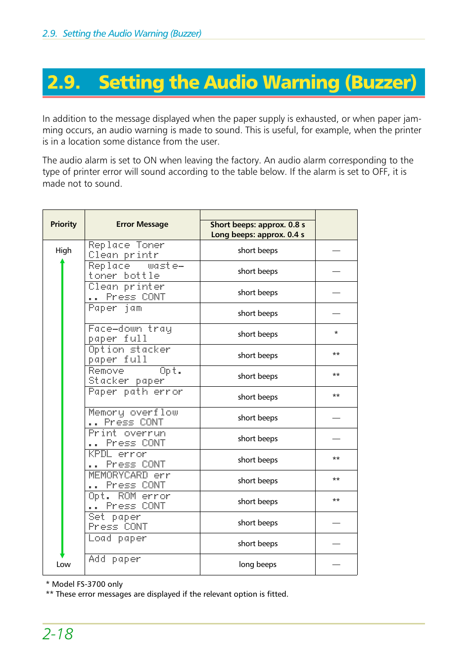 Setting the audio warning (buzzer) | Kyocera FS-3700 User Manual | Page 50 / 116