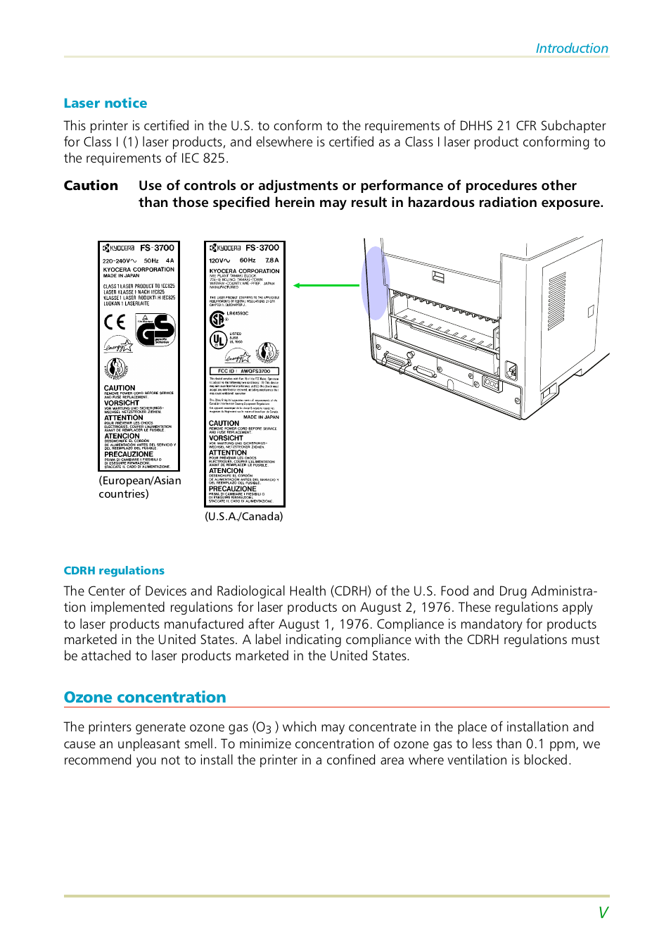 Laser notice, Cdrh regulations, Ozone concentration | Kyocera FS-3700 User Manual | Page 6 / 116