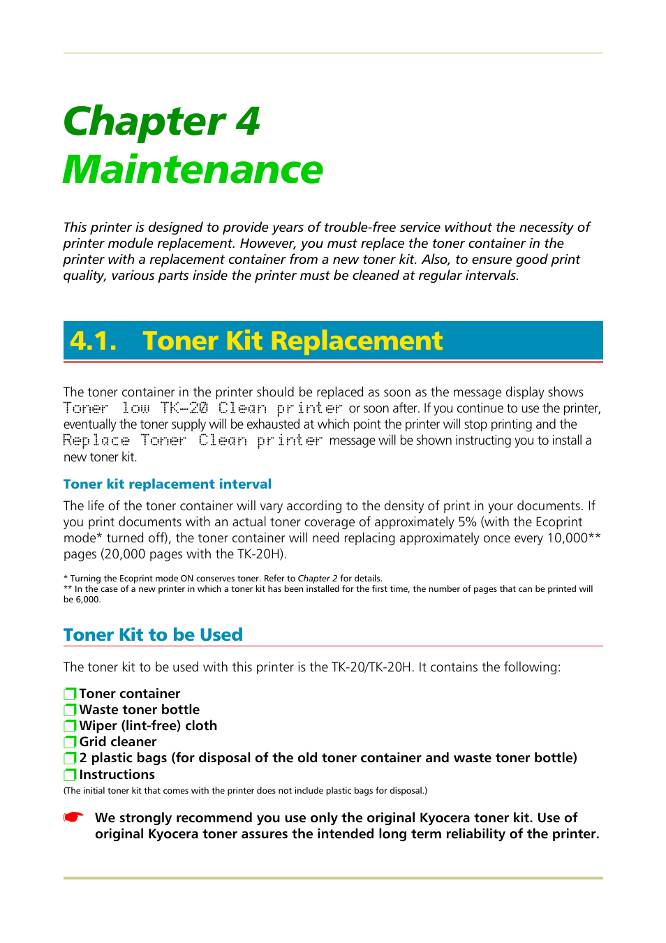 Toner kit replacement, Toner kit to be used, Chapter 4 maintenance | Kyocera FS-3700 User Manual | Page 70 / 116