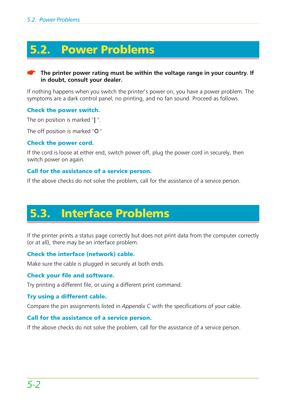 Power problems, Interface problems, Ee section 5.2 | Section 5.3 | Kyocera FS-3700 User Manual | Page 79 / 116