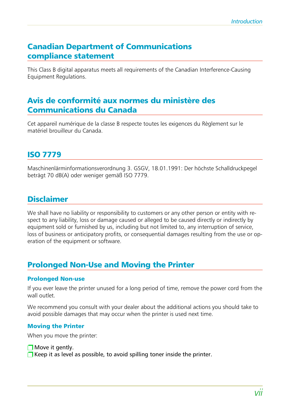 Iso 7779, Disclaimer, Prolonged non-use and moving the printer | Kyocera FS-3700 User Manual | Page 8 / 116