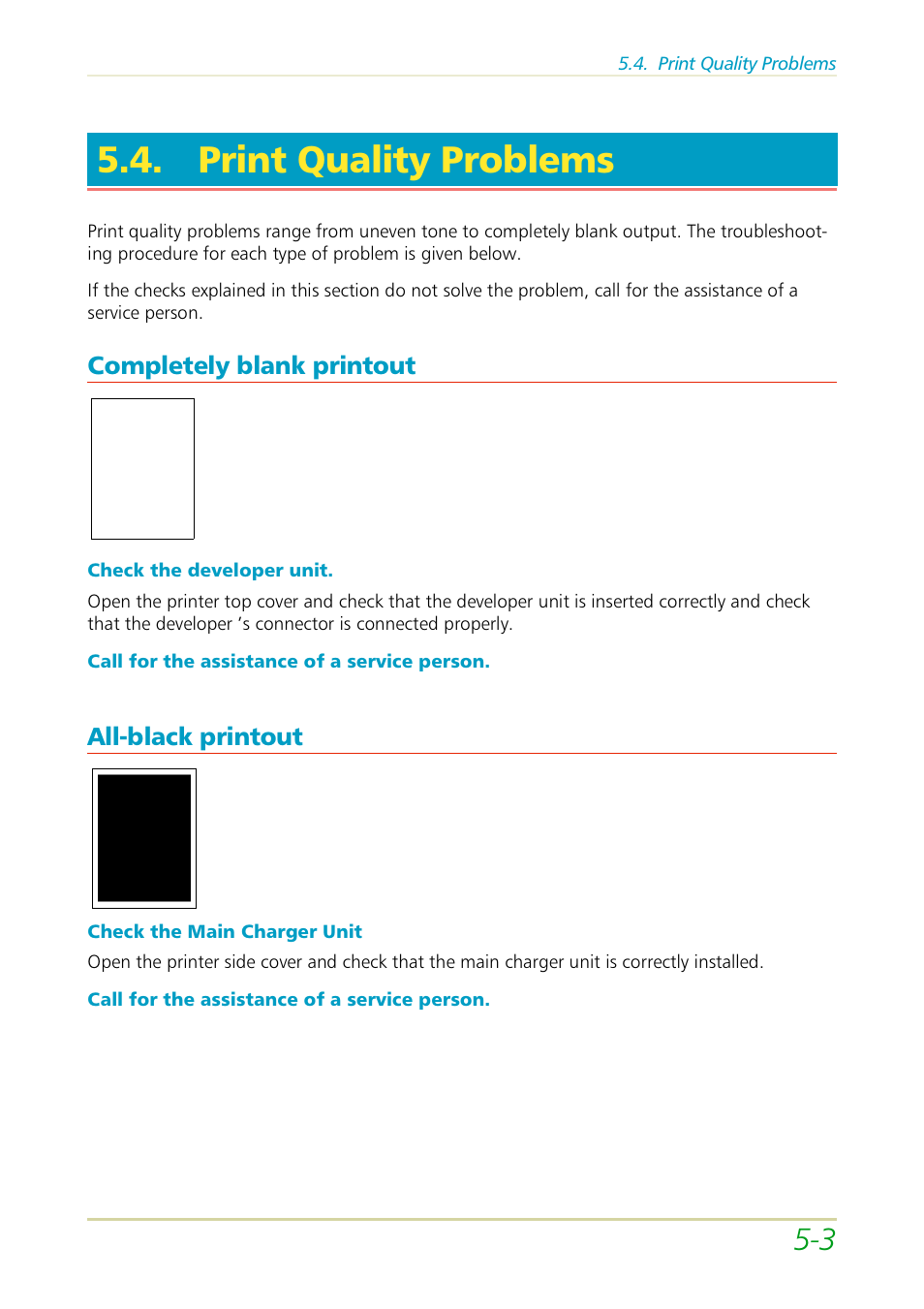Print quality problems, Completely blank printout, All-black printout | Section 5.4 | Kyocera FS-3700 User Manual | Page 80 / 116