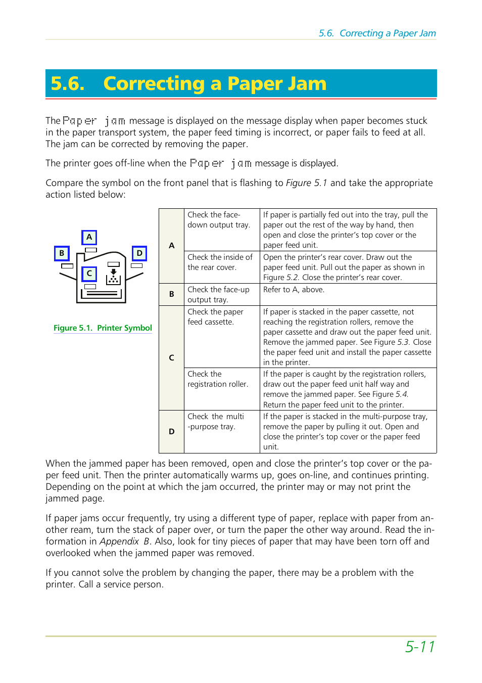 Correcting a paper jam, E section 5.6 | Kyocera FS-3700 User Manual | Page 88 / 116