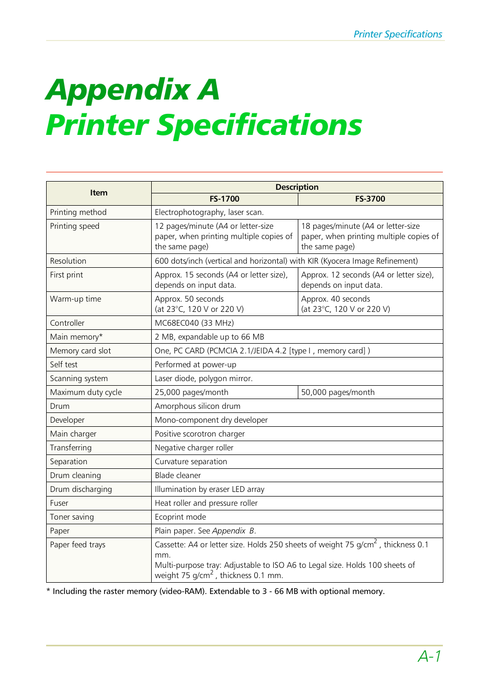 Appendix a printer specifications | Kyocera FS-3700 User Manual | Page 92 / 116