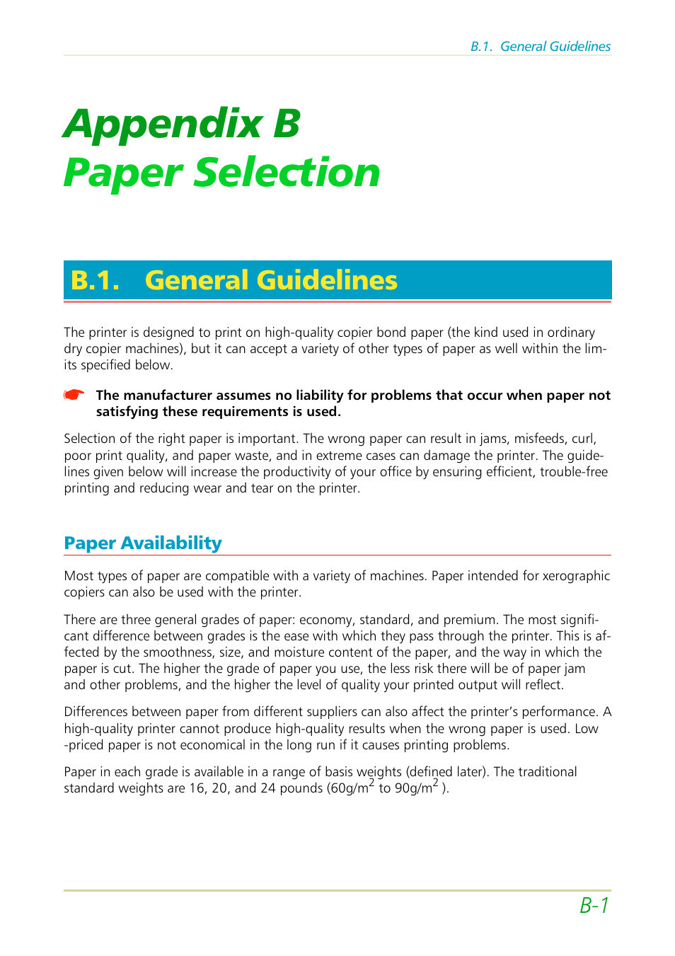 B.1. general guidelines, Paper availability, Appendix b paper selection | Kyocera FS-3700 User Manual | Page 94 / 116