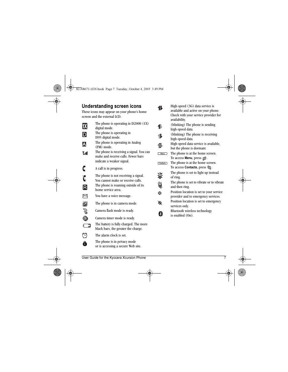 Understanding screen icons | Kyocera Xcursion KX160B User Manual | Page 13 / 72