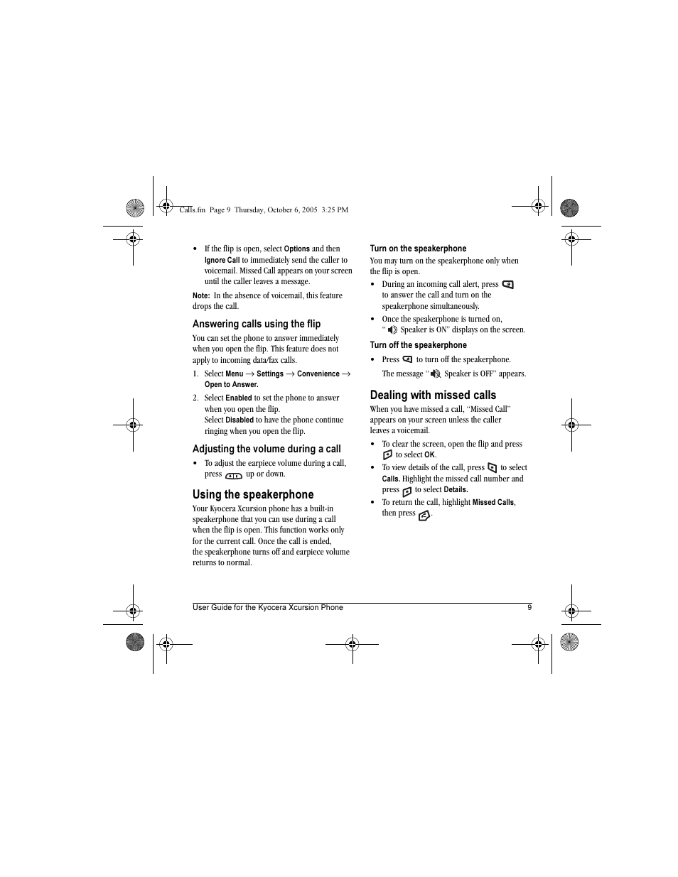 Using the speakerphone, Dealing with missed calls | Kyocera Xcursion KX160B User Manual | Page 15 / 72