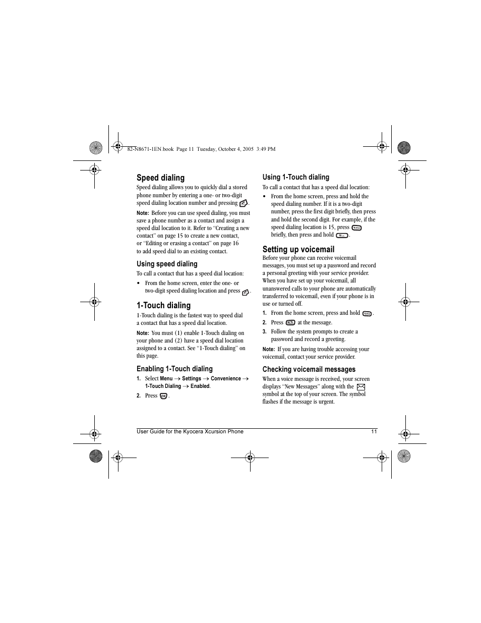 Speed dialing, Touch dialing, Setting up voicemail | Kyocera Xcursion KX160B User Manual | Page 17 / 72