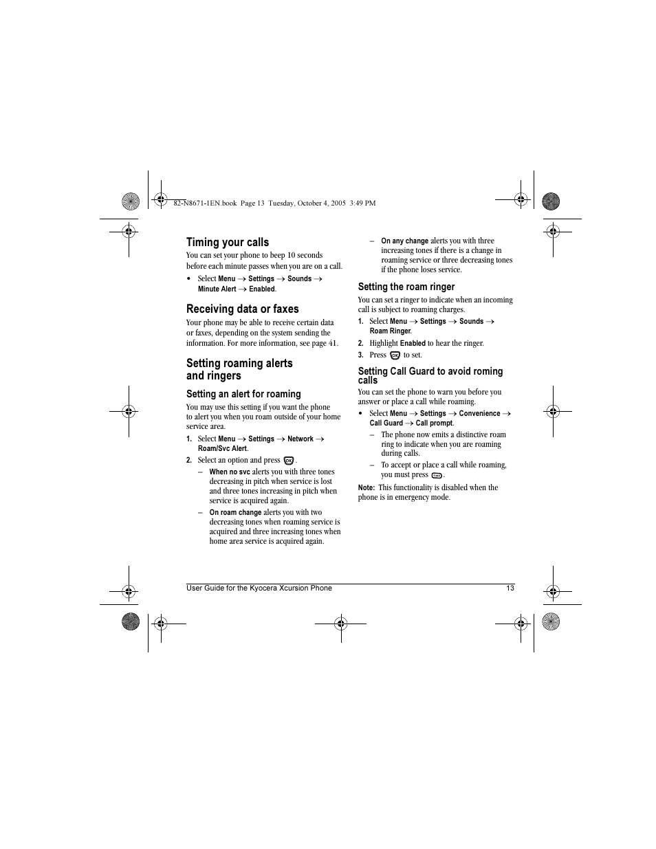 Timing your calls, Receiving data or faxes, Setting roaming alerts and ringers | Kyocera Xcursion KX160B User Manual | Page 19 / 72