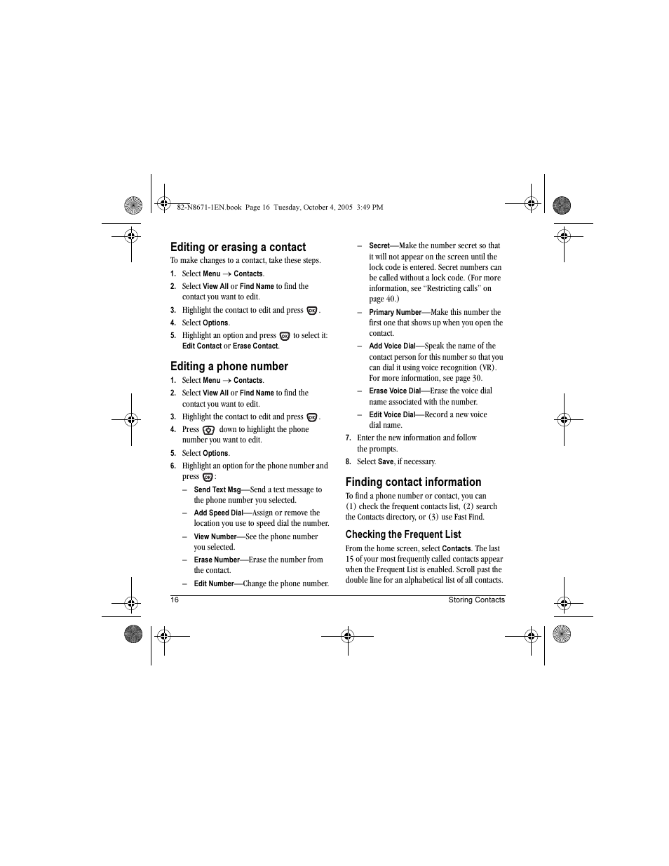 Editing or erasing a contact, Editing a phone number, Finding contact information | Kyocera Xcursion KX160B User Manual | Page 22 / 72