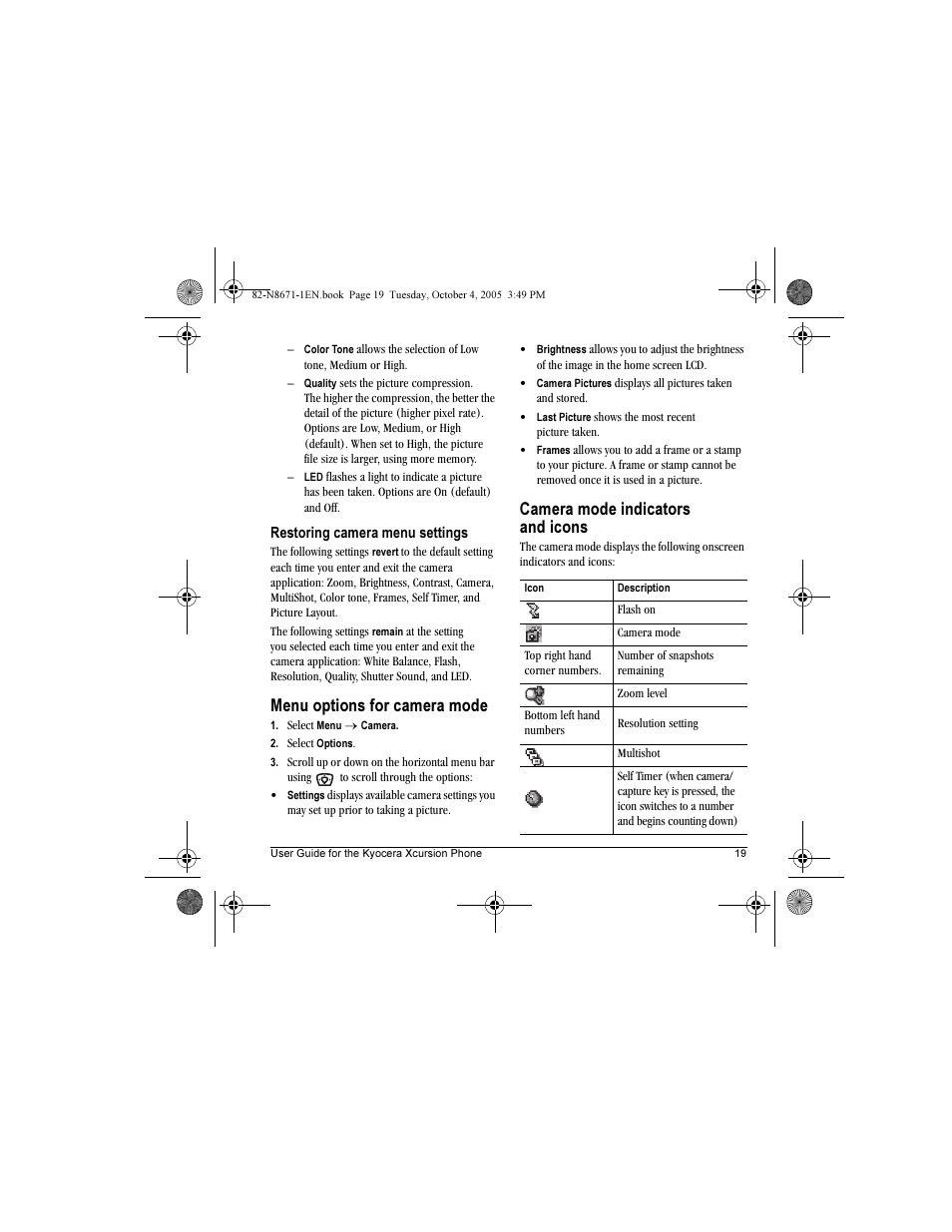 Menu options for camera mode, Camera mode indicators and icons | Kyocera Xcursion KX160B User Manual | Page 25 / 72