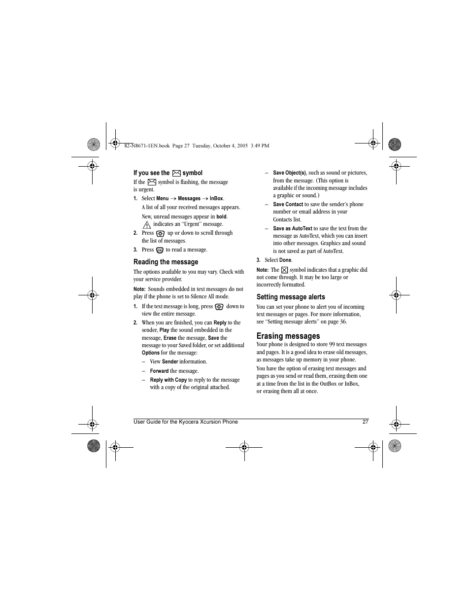 Erasing messages | Kyocera Xcursion KX160B User Manual | Page 33 / 72