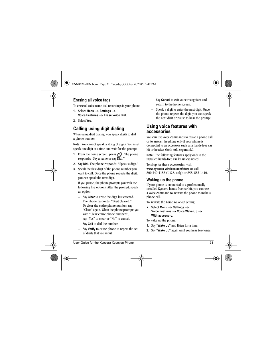 Calling using digit dialing, Using voice features with accessories | Kyocera Xcursion KX160B User Manual | Page 37 / 72