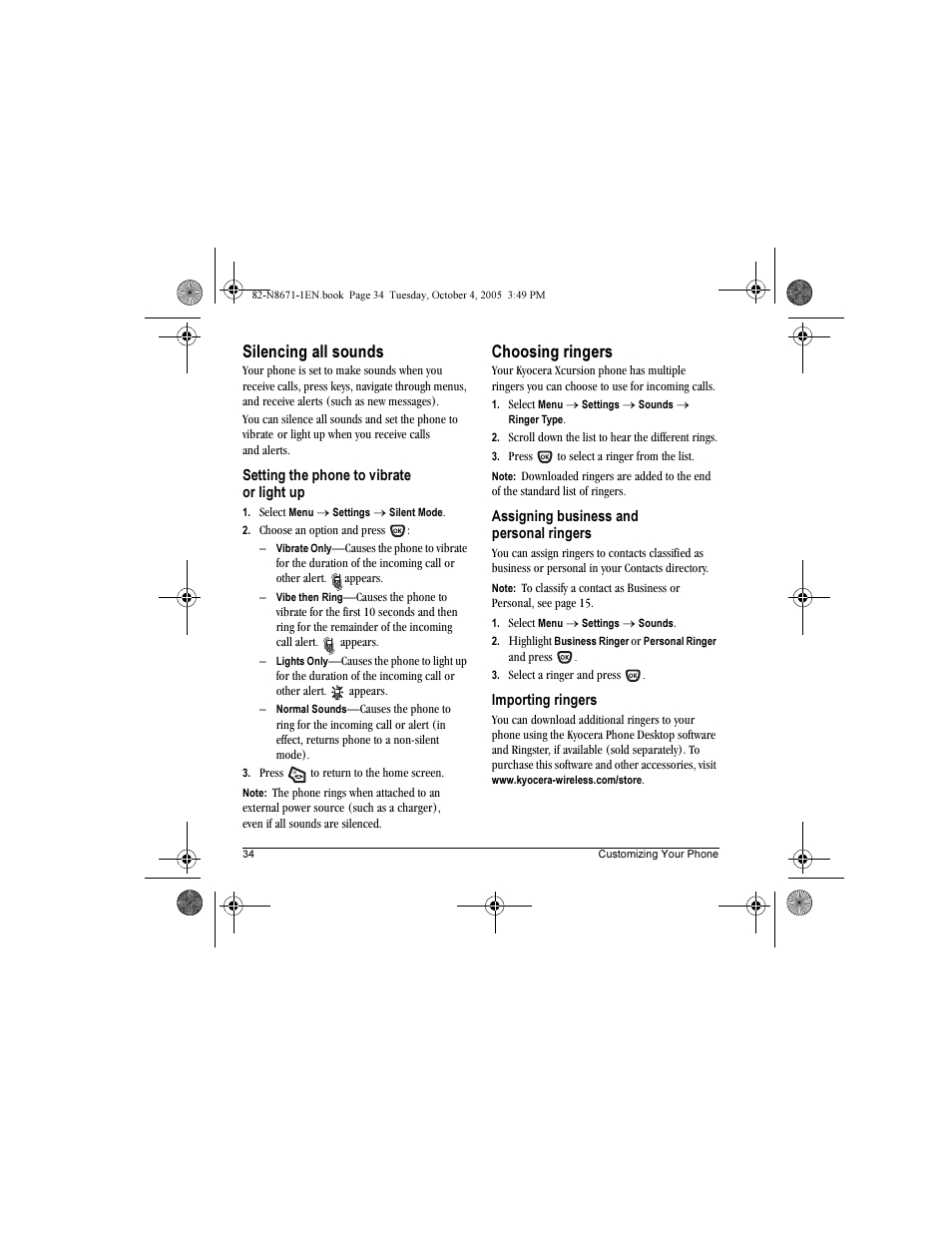 Silencing all sounds, Choosing ringers | Kyocera Xcursion KX160B User Manual | Page 40 / 72