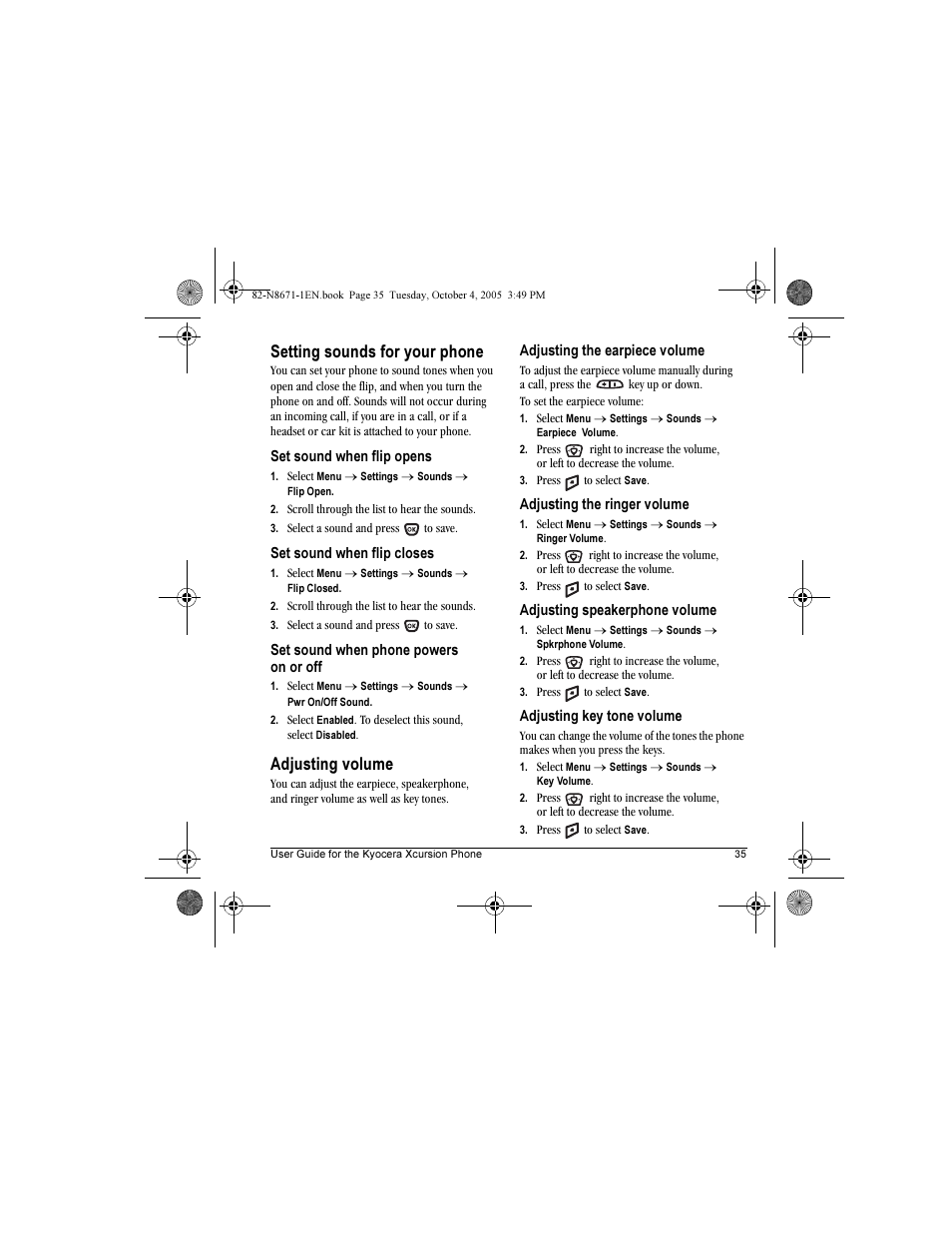 Setting sounds for your phone, Adjusting volume | Kyocera Xcursion KX160B User Manual | Page 41 / 72