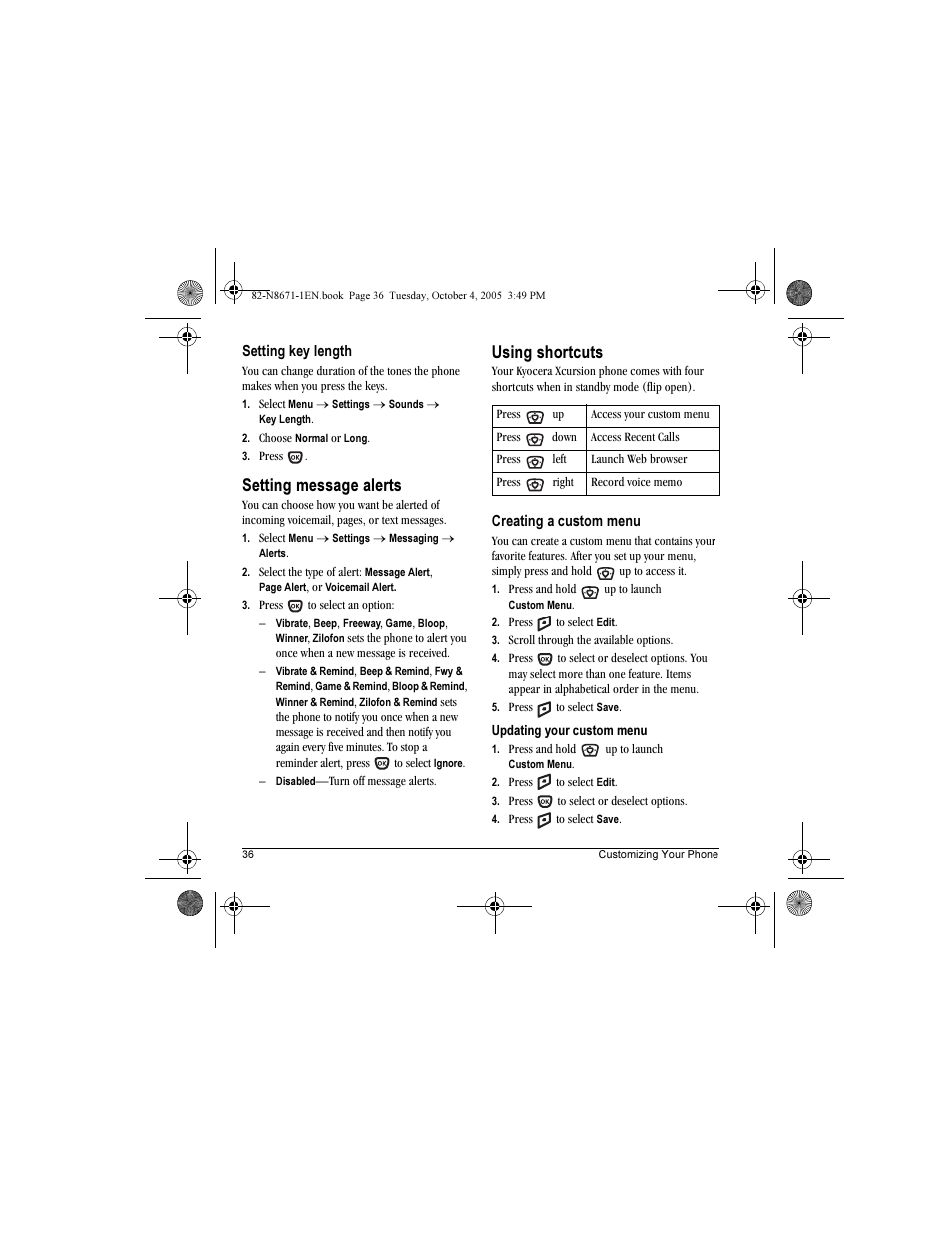 Setting message alerts, Using shortcuts | Kyocera Xcursion KX160B User Manual | Page 42 / 72