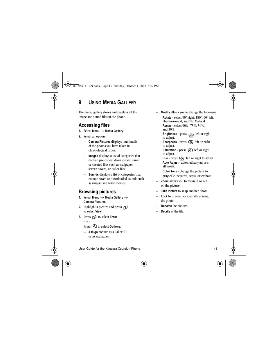 Accessing files, Browsing pictures | Kyocera Xcursion KX160B User Manual | Page 49 / 72