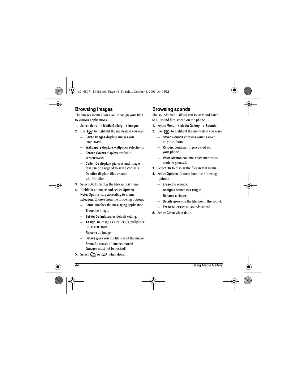 Browsing images, Browsing sounds | Kyocera Xcursion KX160B User Manual | Page 50 / 72