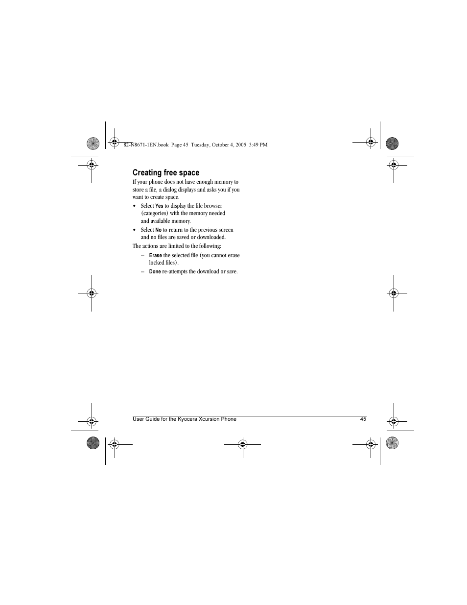 Creating free space | Kyocera Xcursion KX160B User Manual | Page 51 / 72