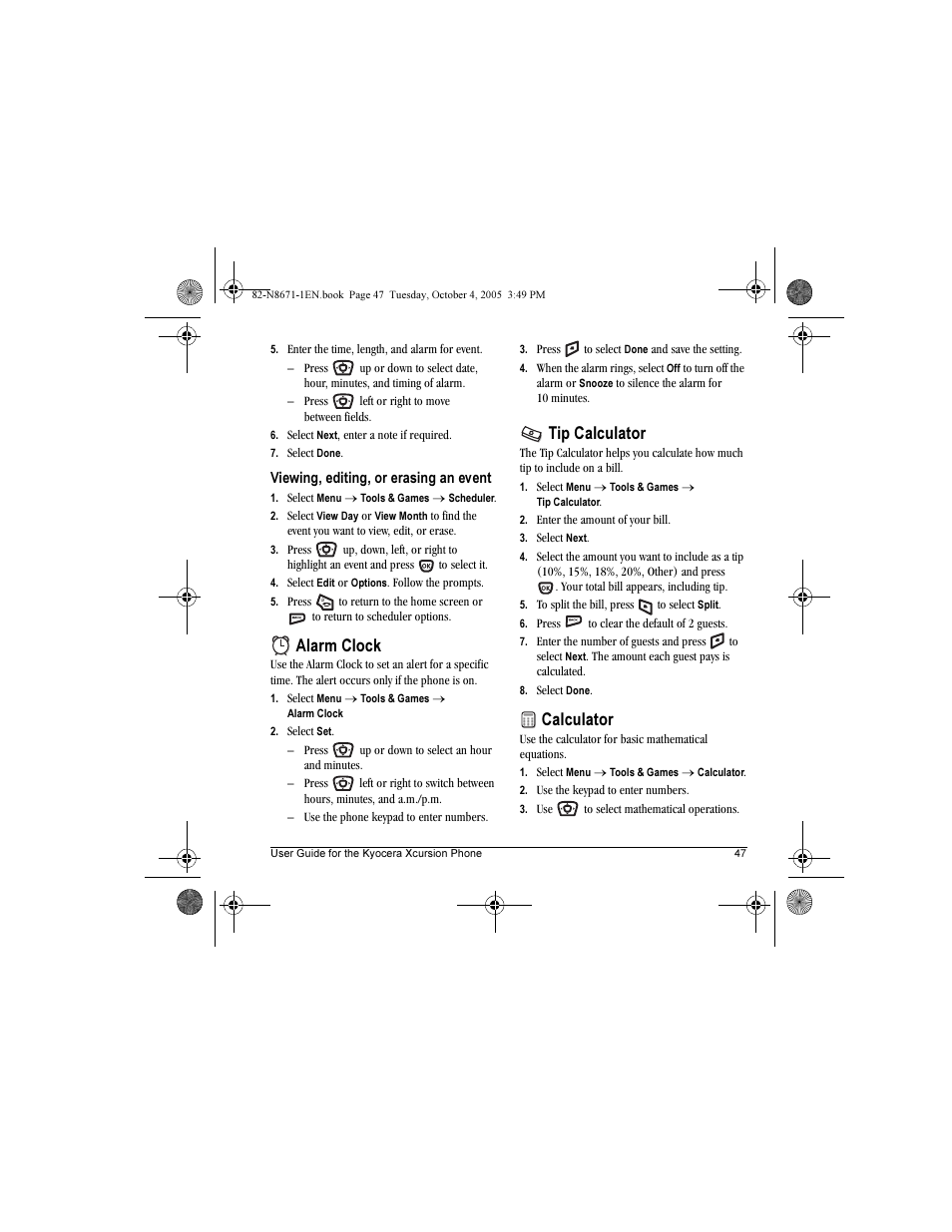 Alarm clock, Tip calculator, Calculator | Kyocera Xcursion KX160B User Manual | Page 53 / 72