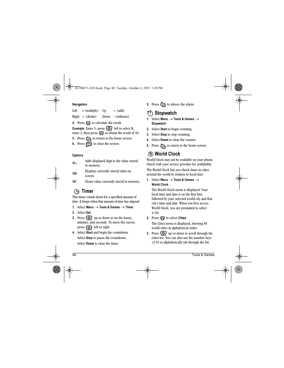 Timer, Stopwatch, World clock | Kyocera Xcursion KX160B User Manual | Page 54 / 72