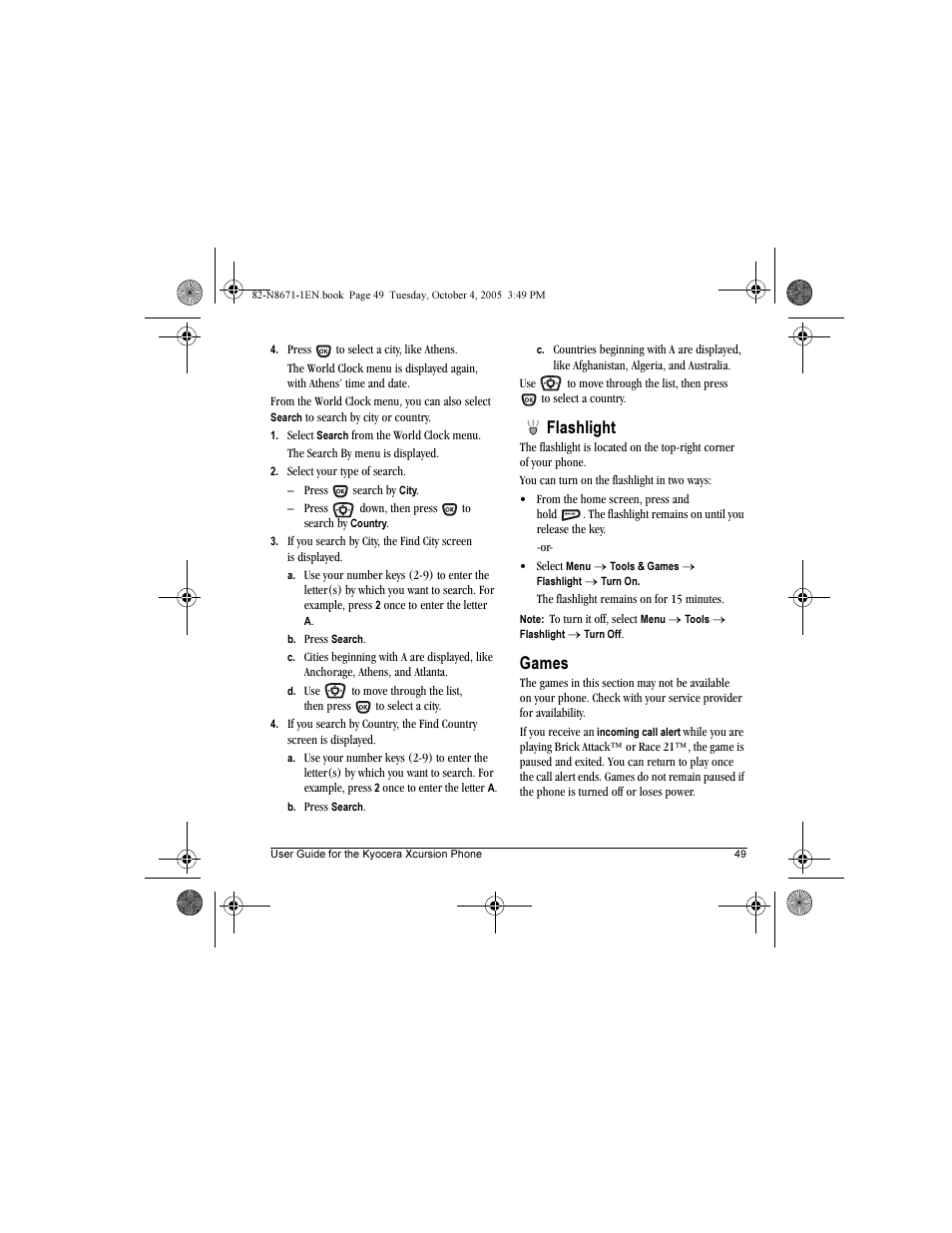 Flashlight, Games | Kyocera Xcursion KX160B User Manual | Page 55 / 72