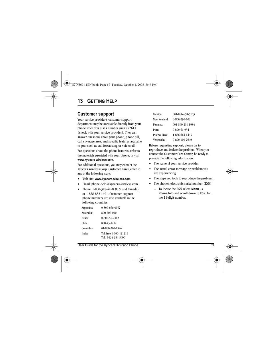 13 g, Customer support, Etting | Kyocera Xcursion KX160B User Manual | Page 65 / 72