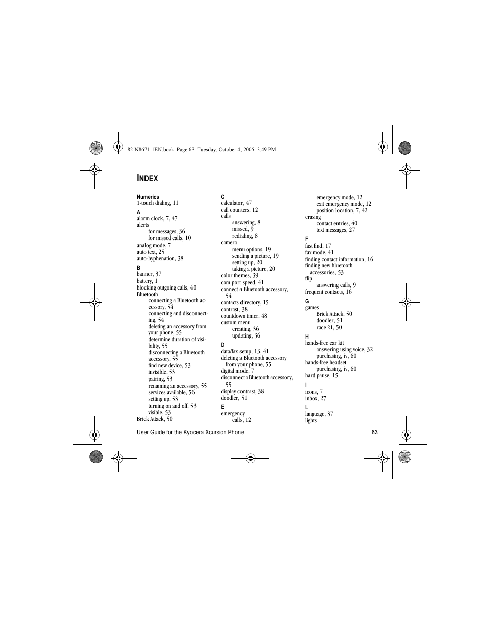 Ndex | Kyocera Xcursion KX160B User Manual | Page 69 / 72