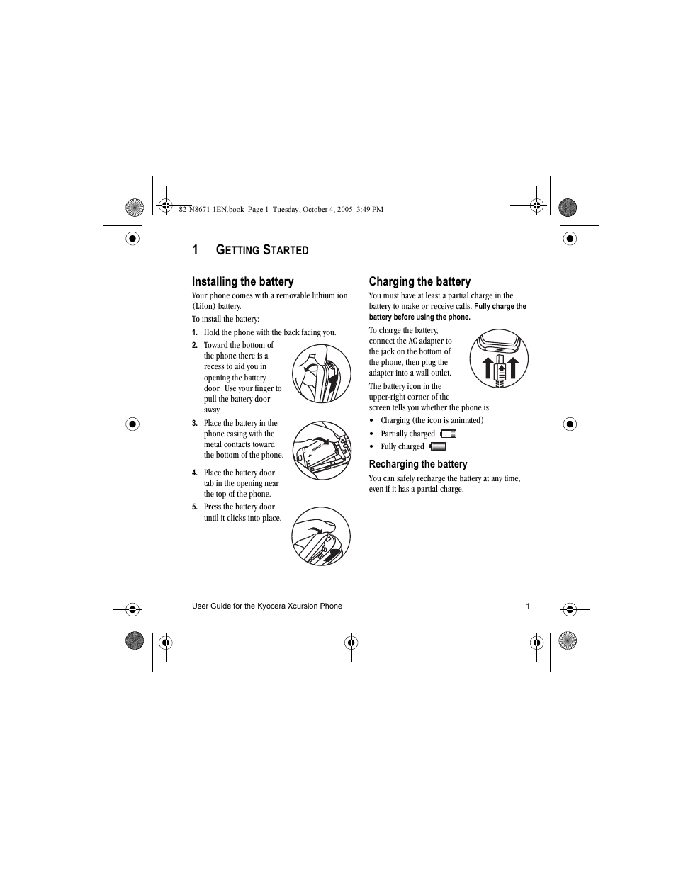 Installing the battery, Charging the battery | Kyocera Xcursion KX160B User Manual | Page 7 / 72