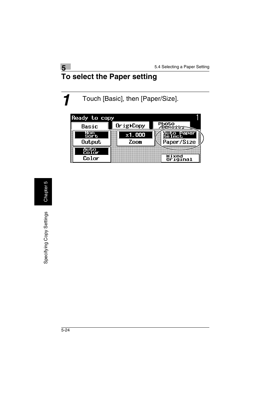 To select the paper setting -24, Touch [basic], then [paper/size | Kyocera KM-C2230 User Manual | Page 103 / 150