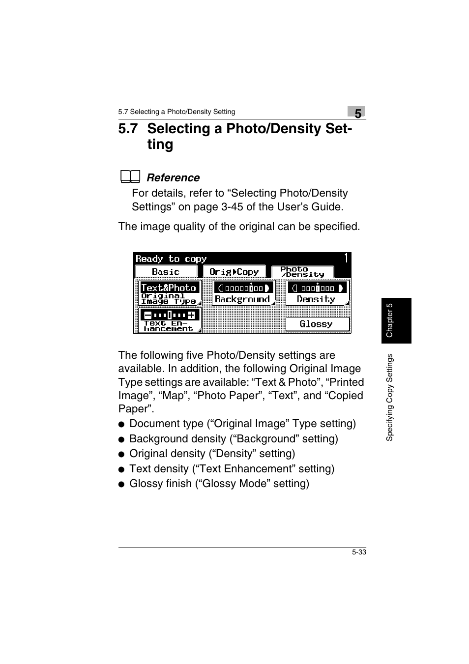 7 selecting a photo/density setting -33, 7 selecting a photo/density set- ting, Document type (“original image” type setting) | Background density (“background” setting), Original density (“density” setting), Text density (“text enhancement” setting), Glossy finish (“glossy mode” setting) | Kyocera KM-C2230 User Manual | Page 112 / 150