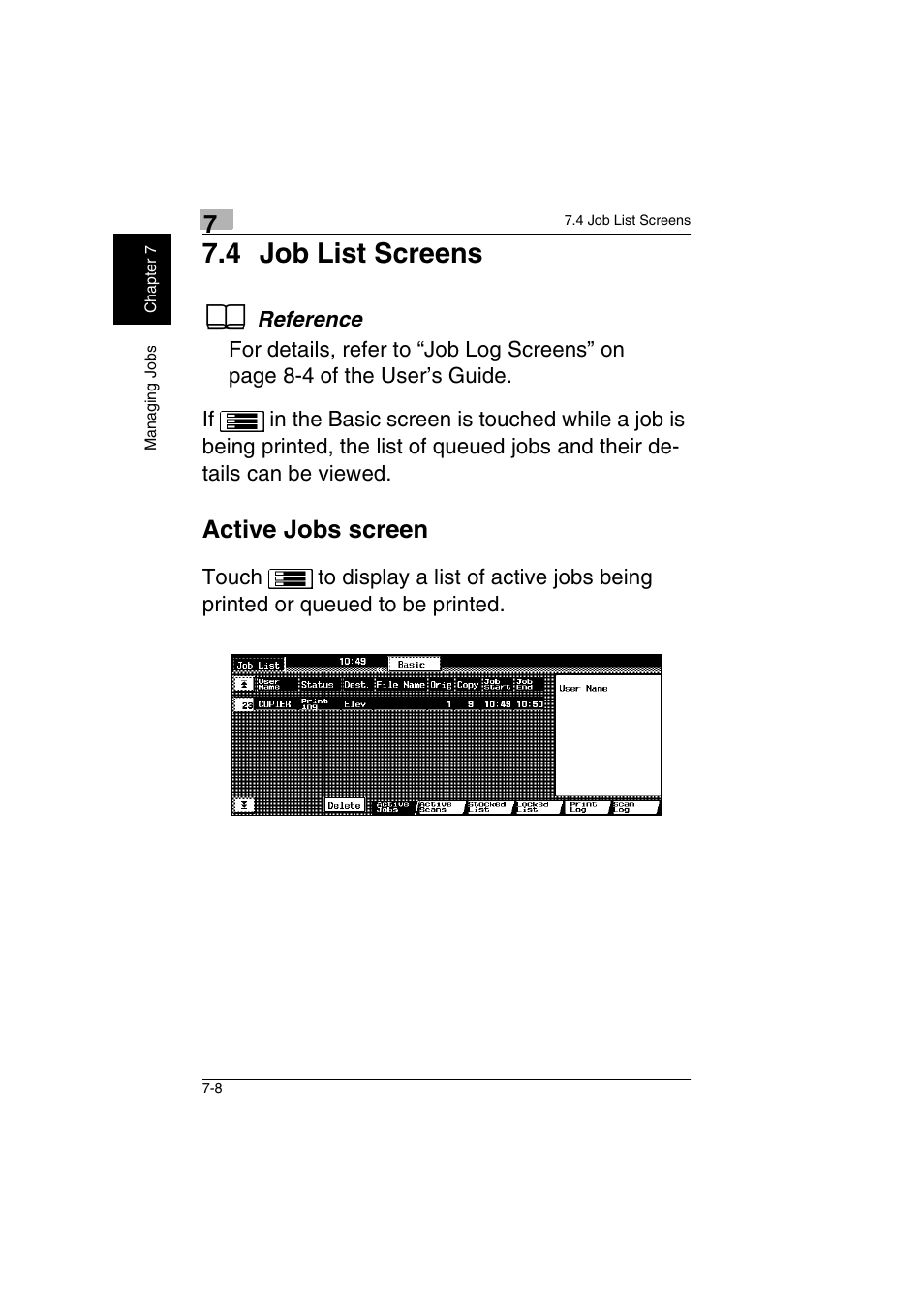 4 job list screens -8, Active jobs screen -8, 4 job list screens | Active jobs screen | Kyocera KM-C2230 User Manual | Page 141 / 150