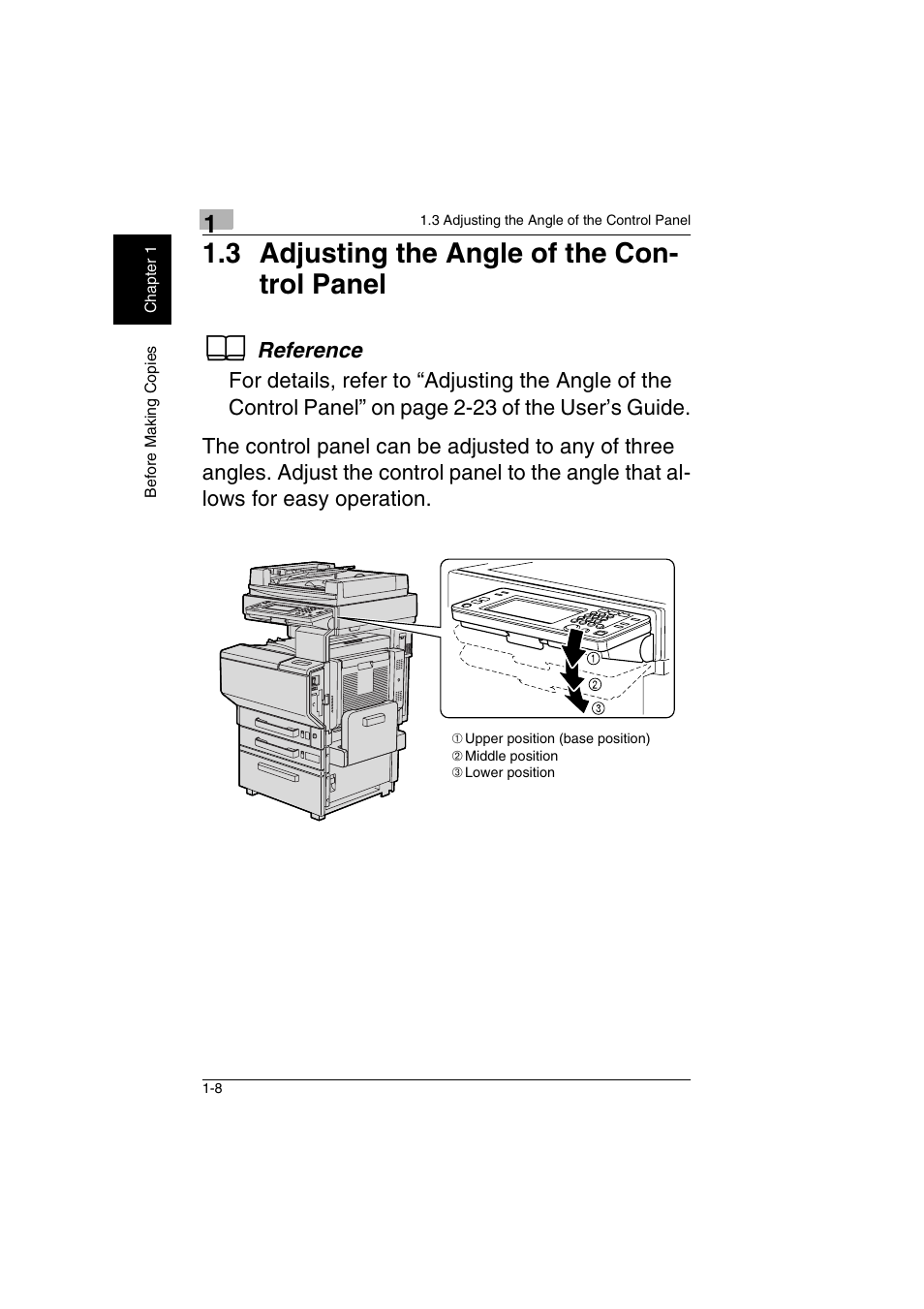 3 adjusting the angle of the, Control panel -8, 3 adjusting the angle of the con- trol panel | Kyocera KM-C2230 User Manual | Page 15 / 150