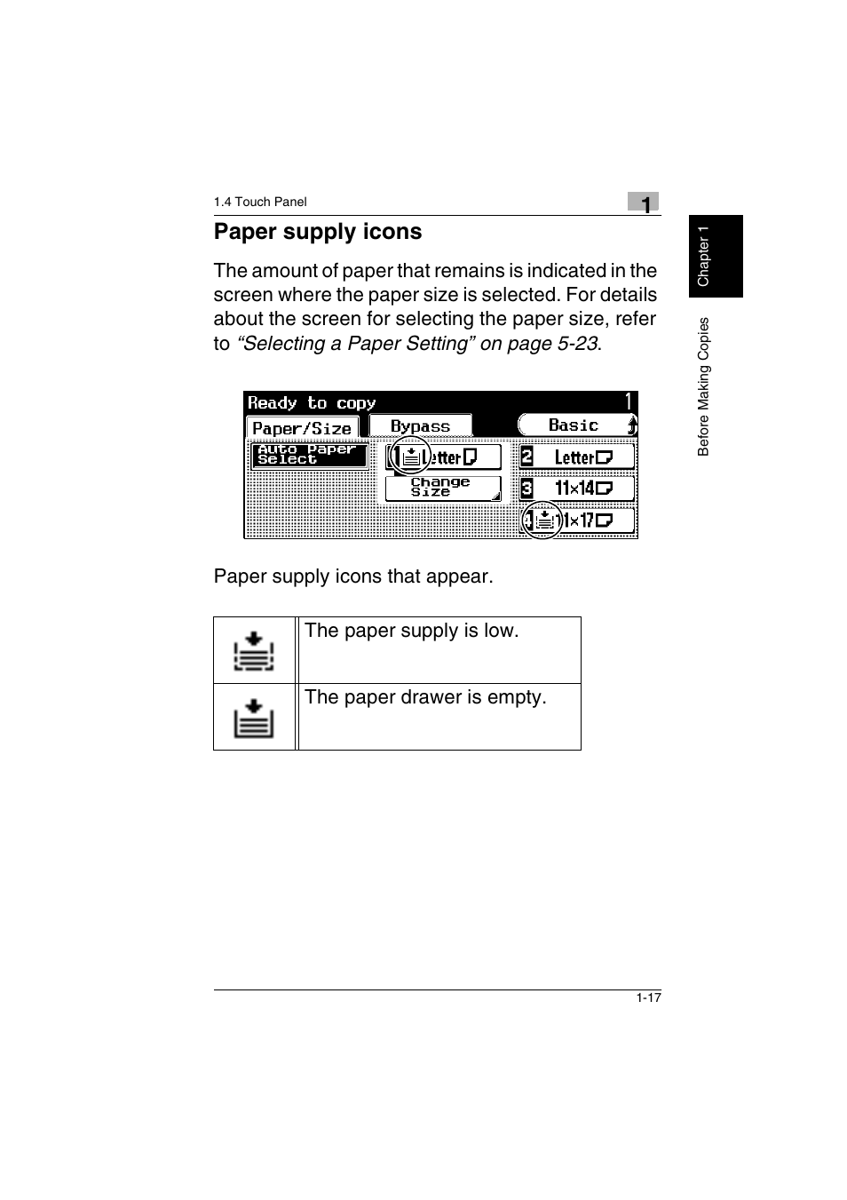 Paper supply icons -17, Paper supply icons | Kyocera KM-C2230 User Manual | Page 24 / 150