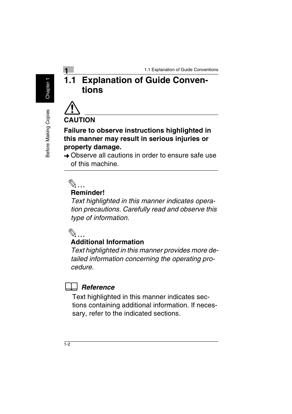 1 explanation of guide conventions -2, 1 explanation of guide conven- tions | Kyocera KM-C2230 User Manual | Page 9 / 150