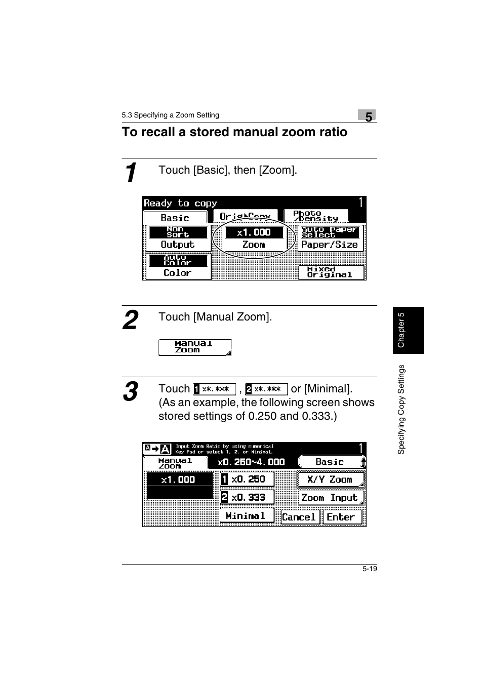 To recall a stored manual zoom ratio -19 | Kyocera KM-C2230 User Manual | Page 98 / 150