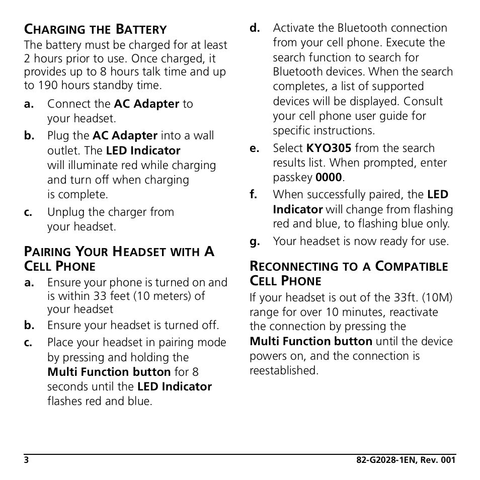 Charging the battery, Pairing your headset with a cell phone, Reconnecting to a compatible cell phone | Kyocera KYO305 User Manual | Page 6 / 11