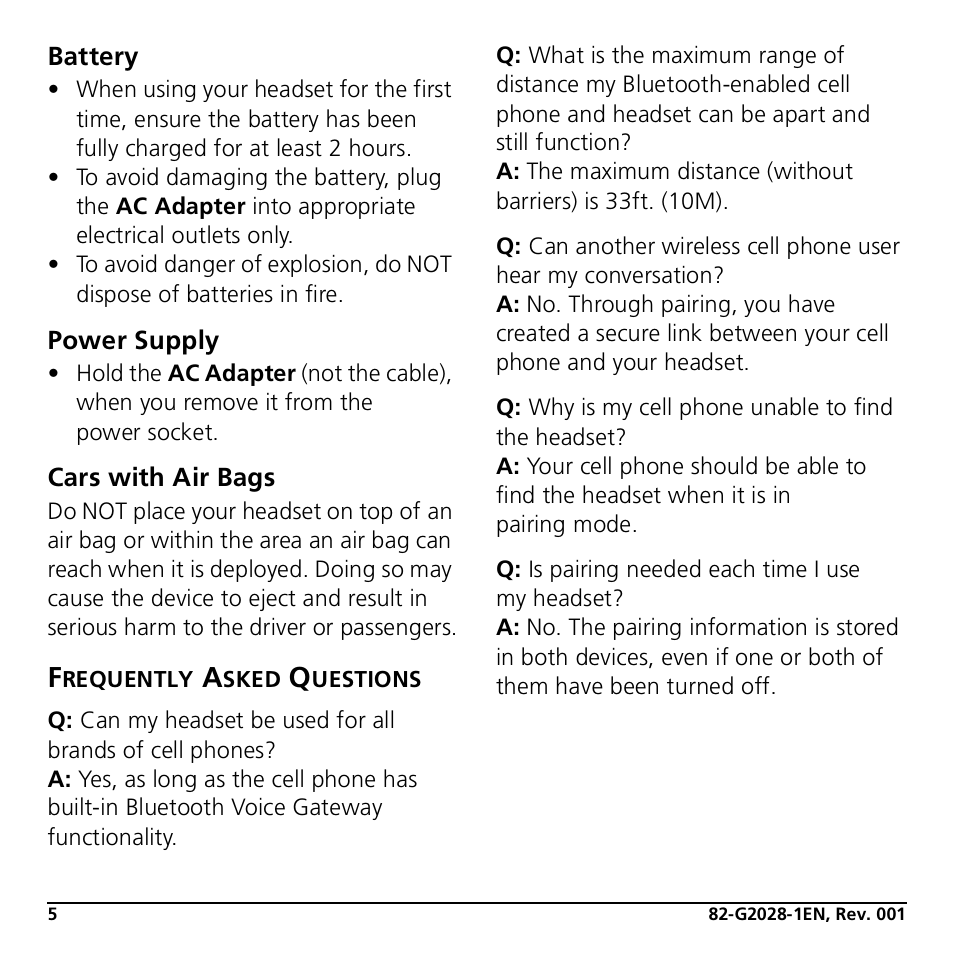 Battery, Power supply, Cars with air bags | Frequently asked questions | Kyocera KYO305 User Manual | Page 8 / 11