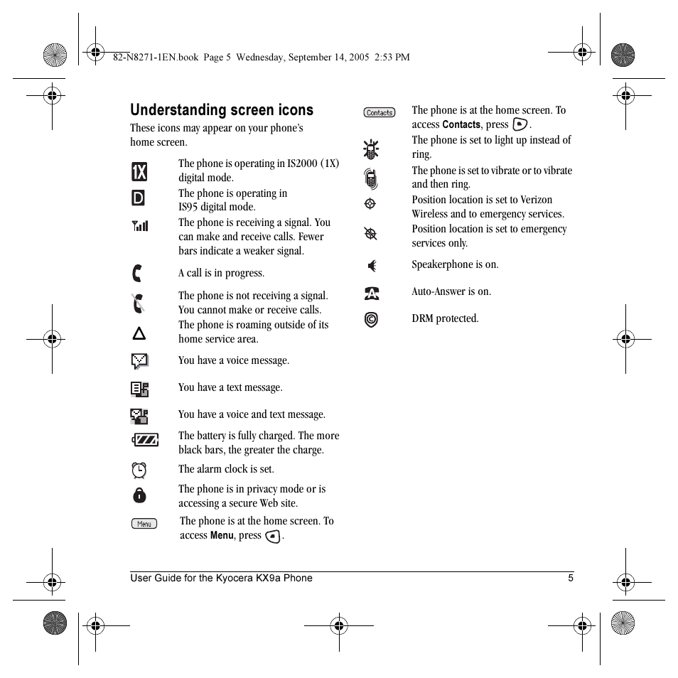 Understanding screen icons | Kyocera KX9 User Manual | Page 12 / 50