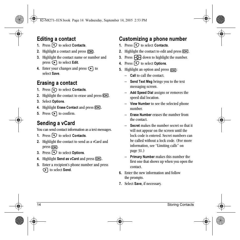 Editing a contact, Erasing a contact, Sending a vcard | Customizing a phone number | Kyocera KX9 User Manual | Page 21 / 50