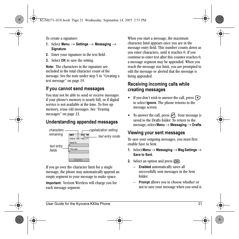 If you cannot send messages, Understanding appended messages, Receiving incoming calls while creating messages | Viewing your sent messages | Kyocera KX9 User Manual | Page 28 / 50