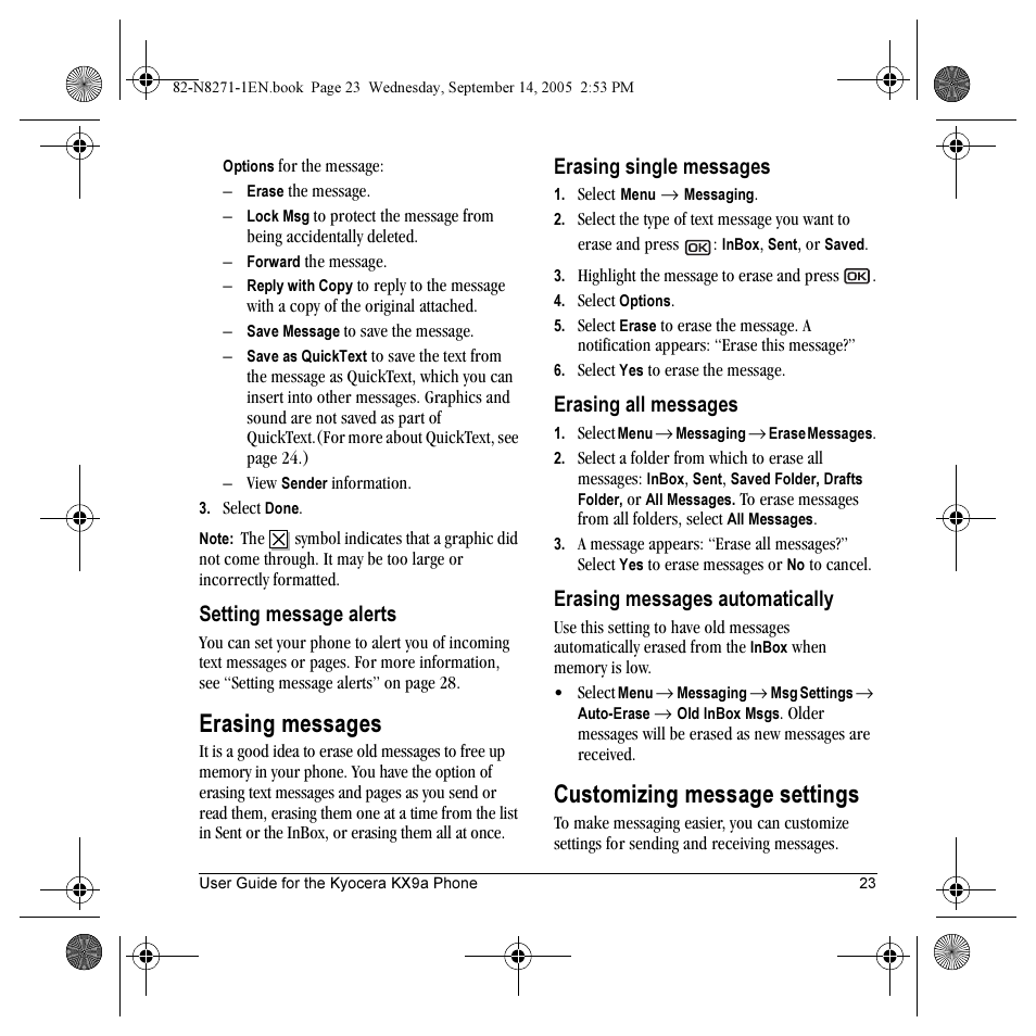 Erasing messages, Customizing message settings, Setting message alerts | Erasing single messages, Erasing all messages, Erasing messages automatically | Kyocera KX9 User Manual | Page 30 / 50