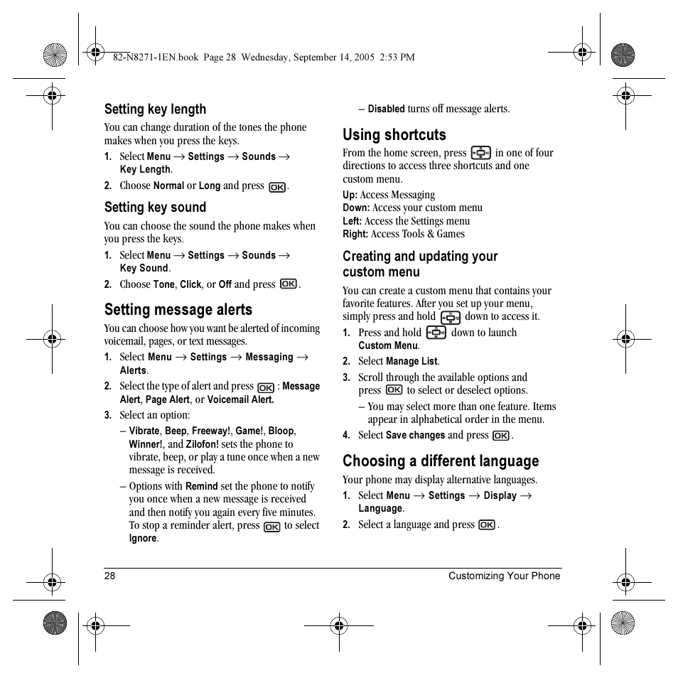 Setting message alerts, Using shortcuts, Choosing a different language | Setting key length, Setting key sound, Creating and updating your custom menu | Kyocera KX9 User Manual | Page 35 / 50