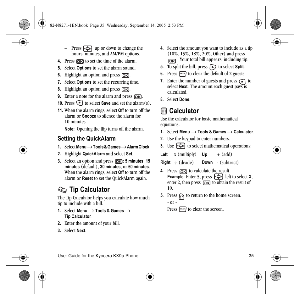 Tip calculator, Calculator, Setting the quickalarm | Kyocera KX9 User Manual | Page 42 / 50